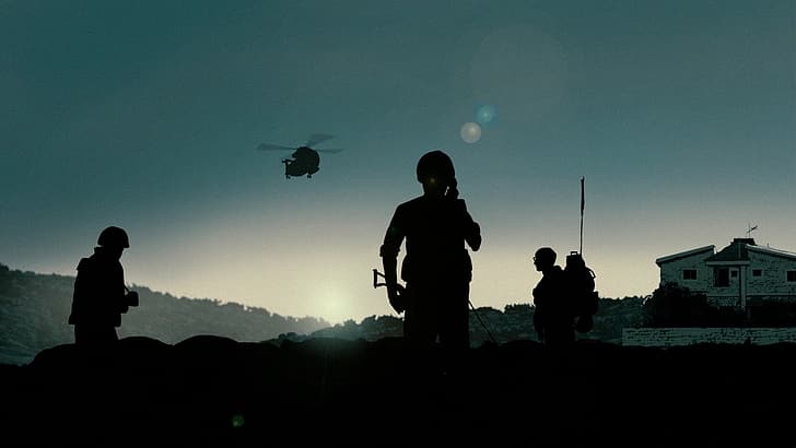 soldier, silhouette, helicopters, dawn, lens flare, military, HD wallpaper