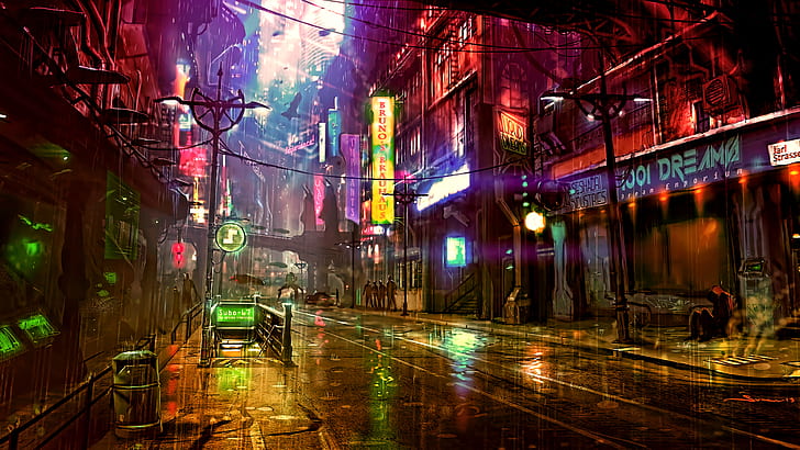 cyber, Dreamfall Chapters, neon, street, artwork, futuristic, digital art, science fiction, cityscape, concept art, futuristic city, cyberpunk, night, ship, rain, HD wallpaper