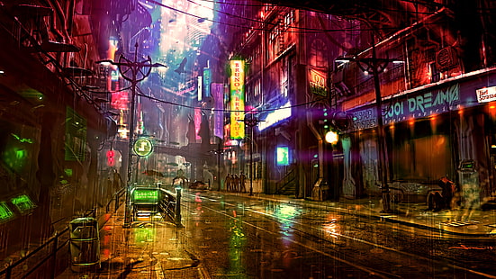 цифровые обои городской улицы, вид на город в ночное время, ночь, произведения искусства, футуристический город, киберпанк, кибер, научная фантастика, цифровое искусство, концепт-арт, неон, корабль, городской пейзаж, футуристический, дождь, улица, Dreamfall Chapters, HD обои HD wallpaper