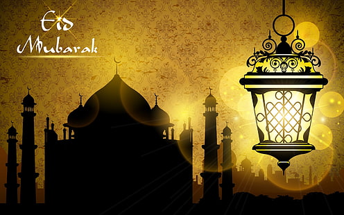 Eid Mubarak Greeting With Illuminate, hängende Schwarzweiss-Lampenillustration, Festivals / Feiertage, Eid, Festival, Feiertag, HD-Hintergrundbild HD wallpaper