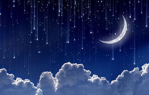 Лого на Dreamworks, небето, космос, звезди, облаци, нощ, светлини, фон, широк екран, тапет, луната, месец, луна, небе, цял екран, HD тапети, полумесец, цял екран, HD тапет HD wallpaper