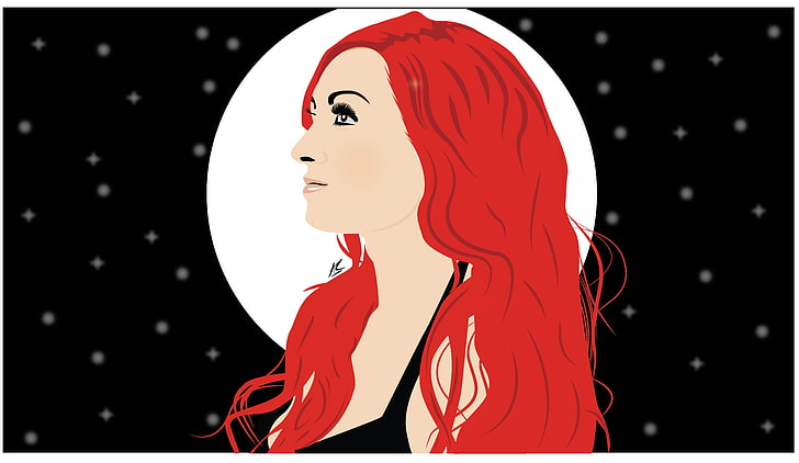 red-haired woman clip art, vector, redhead, black background, moonlight, Moonlight Lady, star trails, illustration, Becky Lynch, HD wallpaper