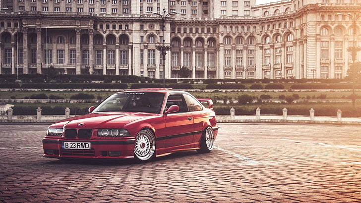 kırmızı BMW coupe, Bükreş, BMW E36, Duruş, BMW, HD masaüstü duvar kağıdı