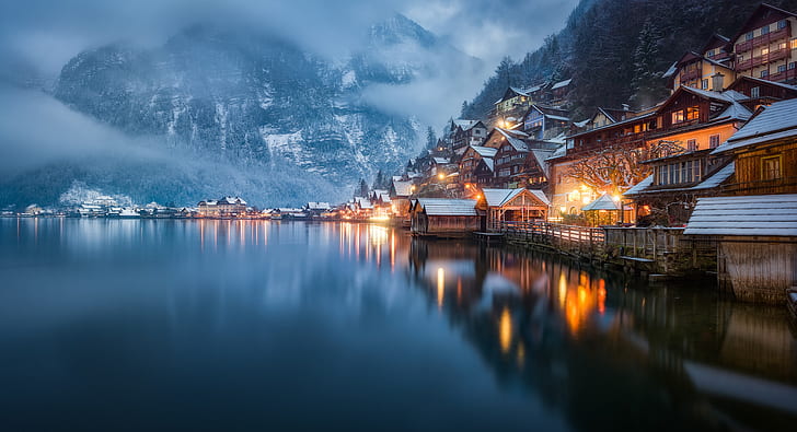 Градове, Халщат, Австрия, вечер, мъгла, къща, езеро, планина, размисъл, зима, HD тапет