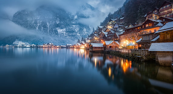 Städer, Hallstatt, Österrike, kväll, dimma, hus, sjö, berg, reflektion, vinter, HD tapet HD wallpaper