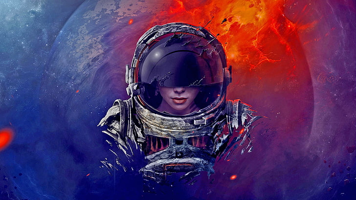 astronaut wallpaper, digitale kunst, astronaut, raumanzug, helm, universum, weltraum, feuer, frauen, felsen, planet, schmelzen, galaxie, nebel, kunstwerk, science fiction, HD-Hintergrundbild