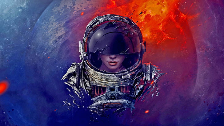 luar angkasa, astronot, nebula, galaksi, pakaian antariksa, perempuan, seni digital, karya seni, pencairan, planet, api, fiksi ilmiah, helm, batu, alam semesta, Wallpaper HD