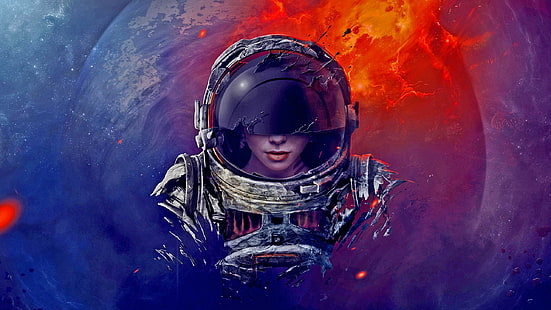 espace, astronaute, nébuleuse, galaxie, combinaison spatiale, femmes, art numérique, ouvrages d'art, fusion, planète, feu, science fiction, casque, roche, univers, Fond d'écran HD HD wallpaper