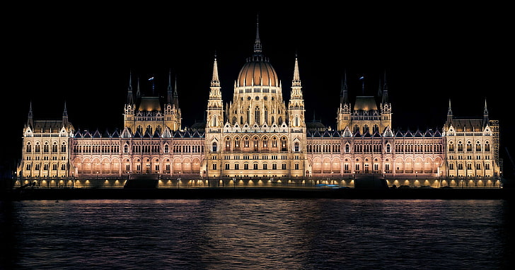 architecture, budapest, building, hungarian parliament, hungary, night, water, HD wallpaper