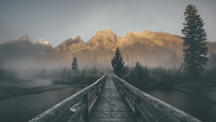 картина коричневой горы, без названия, фотография, горы, вода, туман, мост, бежевый, солнечный свет, река, серый, природа, деревья, чистое небо, HD обои