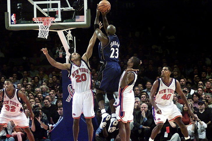 basketball player in blue 23 jersey on game, NBA, basketball, New York Knicks, Washington Wizards, Michael Jordan, sports, men, HD wallpaper