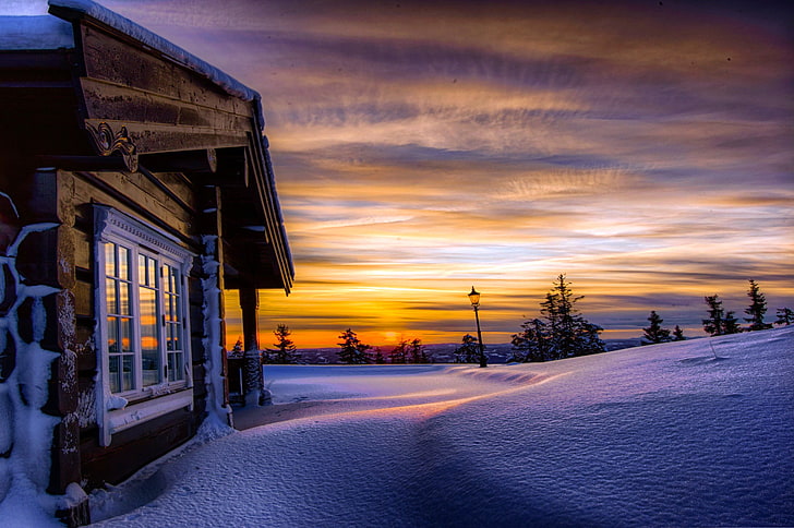 البيت البني والأبيض ، الشتاء، خلفية HD