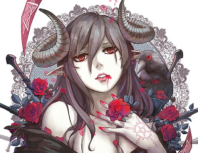 horns, anime girls, demon, succubus, fantasy girl, painted nails, flowers, rose, raven, HD wallpaper HD wallpaper