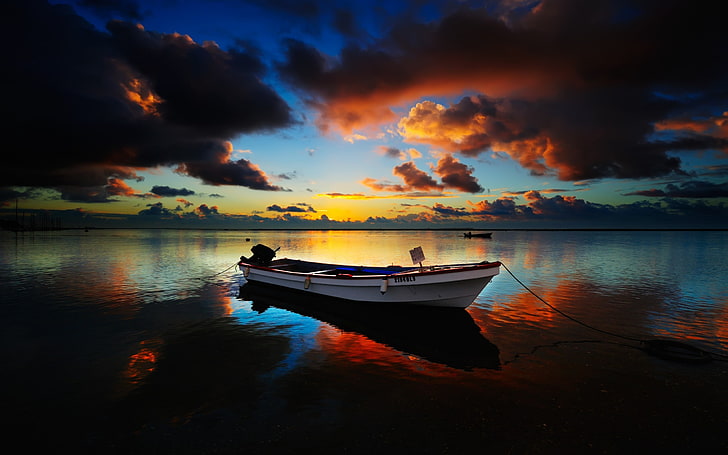 пейзаж, природа, лодка, закат, спокойствие, облака, горизонт, небо, отражение, апельсин, вода, HD обои