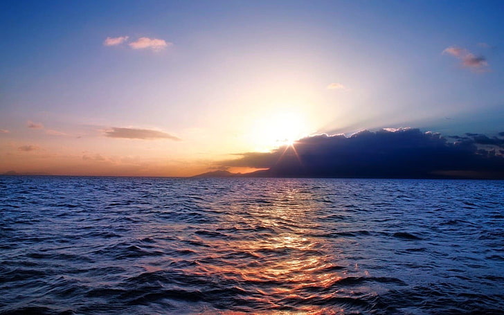 foto av horisont och solstrålar, landskap, natur, hav, vatten, solnedgång, HD tapet