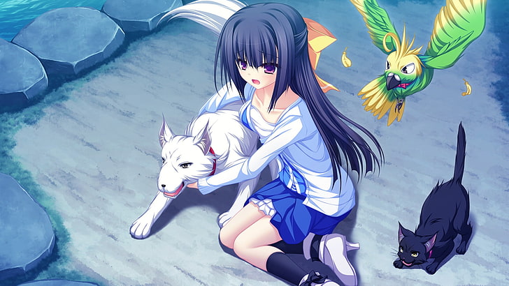 anime girls, birds, dog, cat, animals, visual novel, Lunaris Filia, Minase Yukari, schoolgirl, HD wallpaper