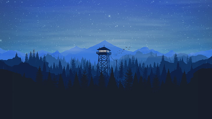 Mountains, Night, Stars, The game, Forest, View, Birds, Hills, Landscape, Art, Tower, Campo Santo, Firewatch, Fire watch, HD wallpaper