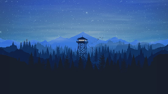 Berge, Nacht, Sterne, Das Spiel, Wald, Ansicht, Vögel, Hügel, Landschaft, Kunst, Turm, Campo Santo, Feuerwache, Feuerwache, HD-Hintergrundbild HD wallpaper