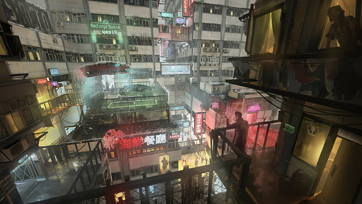 cyberpunk, futuristic, Franklin Chan, rain, flying car, neon sign, HD wallpaper