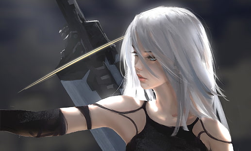 لعبة فيديو ، NieR: Automata ، Blue Eyes ، فتاة ، شعر طويل ، سيف ، سلاح ، شعر أبيض ، YoRHa Type A رقم 2، خلفية HD HD wallpaper