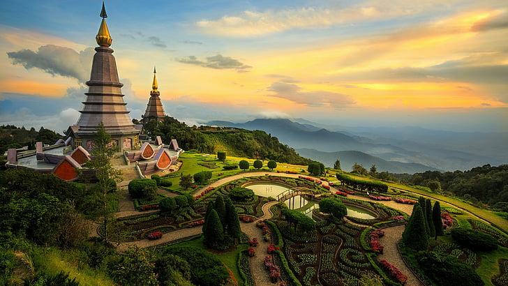 宗教、偉大な聖遺物塔ナバポルプミシリ、建築、仏教、チェンマイ、庭園、パゴダ、タイ、 HDデスクトップの壁紙