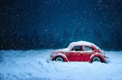 voiture, rétro, hiver, neige, chutes de neige, vintage, rouge, vieux, Fond d'écran HD HD wallpaper