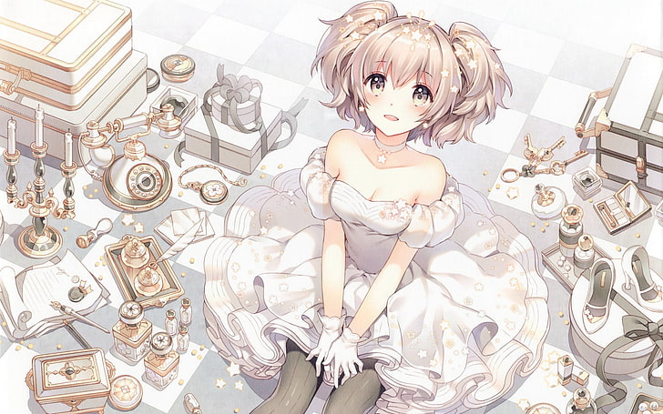Nardack, dress, gloves, jewelry, pantyhose, stars, pearls, shoes, phone, anime, anime girls, original characters, twintails, sitting, open mouth, smiling, gray eyes, short hair, looking at viewer, HD wallpaper