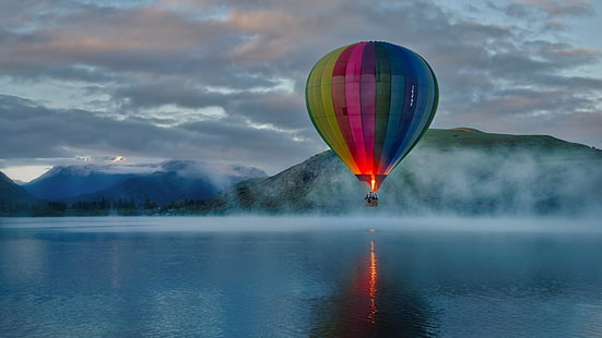 balão de ar quente, balão de ar quente, balão de ar, enevoado, lago, manhã, paisagem, HD papel de parede HD wallpaper