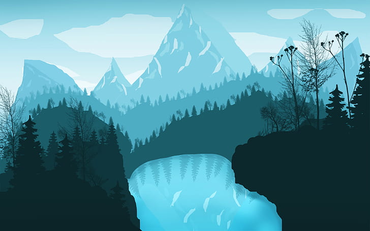 Feuerwache, Berge, Flatdesign, Wasser, blau, HD-Hintergrundbild
