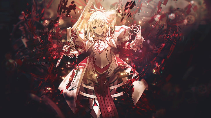 Tapeta dziewczyna w czerwono-białym kolorze, Seria Fate, Fate / Apocrypha, Mordred (Fate / Apocrypha), Saber of Red (Fate / Apocrypha), Tapety HD