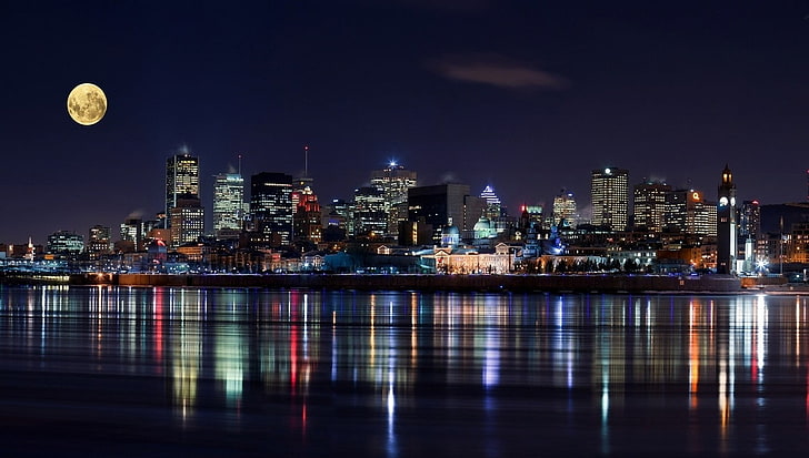 city skyline, long exposure, Montreal, Canada, cityscape, skyscraper, Moon, night, lights, architecture, river, urban, modern, reflection, HD wallpaper