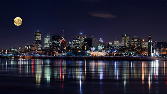 panorama miasta, długa ekspozycja, Montreal, Kanada, pejzaż miejski, wieżowiec, Księżyc, noc, światła, architektura, rzeka, miejski, nowoczesny, odbicie, Tapety HD HD wallpaper