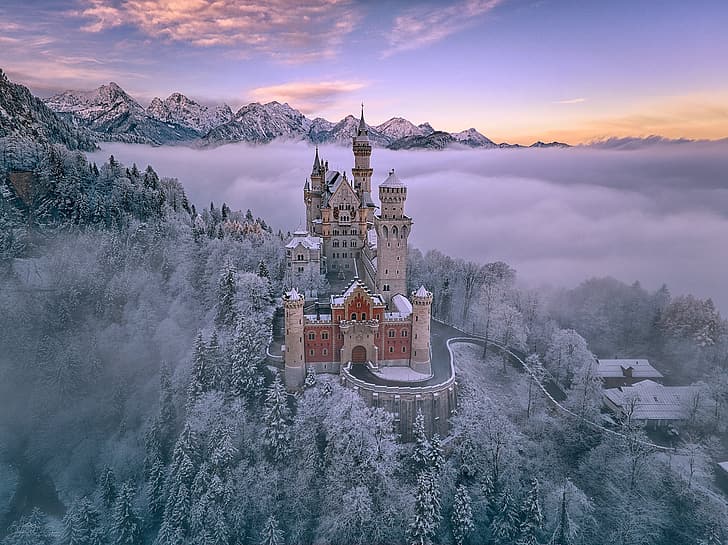 winter, forest, mountains, fog, castle, Germany, Bayern, Bavaria, Neuschwanstein Castle, Bavarian Alps, The Bavarian Alps, Schwangau, HD wallpaper