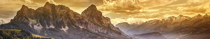 montagna di roccia, Grosser Mythen, Svizzera, Europa, oro, verde, montagne, colline, erba, alberi, panorama, neve, picco, Sfondo HD