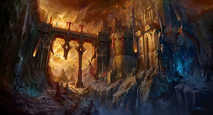 коричневый замок игры постер, дракон, фэнтези арт, город, огонь, фэнтези сити, HD обои