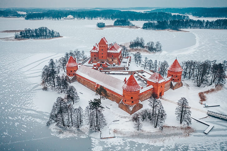 зима, замок, Тракай, Литва, HD обои