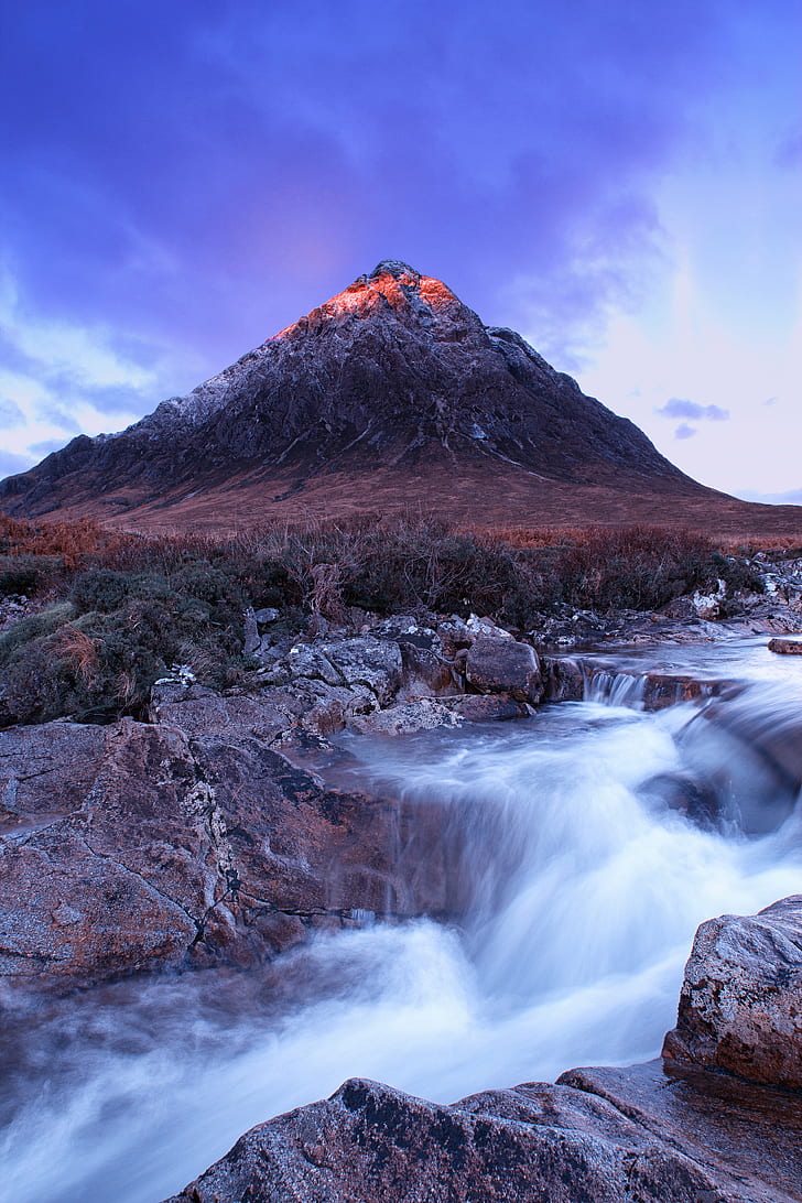 low angled view of active volcano near rippling body of water, scotland, scotland, Scotland, low, view, active volcano, body of water, Buachaille Etive Mor, Mor  River, Sunrise, nature, mountain, landscape, scenics, outdoors, HD wallpaper