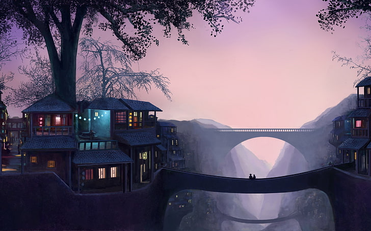 мост между зданиями, произведения искусства, фэнтези-арт, дом, мост, HD обои