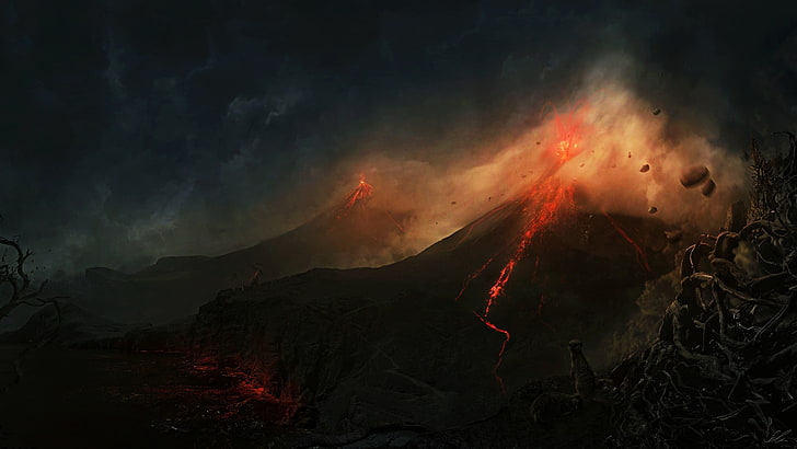 volcano painting, landscape, volcano, HD wallpaper