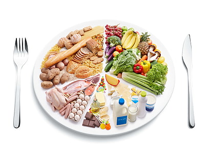 Gemüsesalat, Teller, Lebensmittel, Gabel, Messer, weißer Hintergrund, HD-Hintergrundbild HD wallpaper