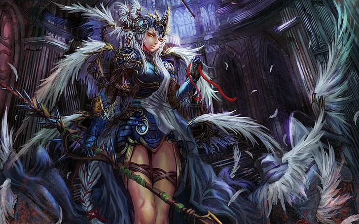 personnage féminin avec papier peint de plumes, armure, chevalier, Fond d'écran HD