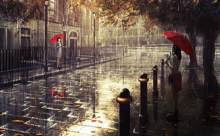mulher sob o guarda-chuva vermelho em pé perto da pintura de estrada, chuva, guarda-chuva, Londres, outono, obras de arte, personagens originais, HD papel de parede