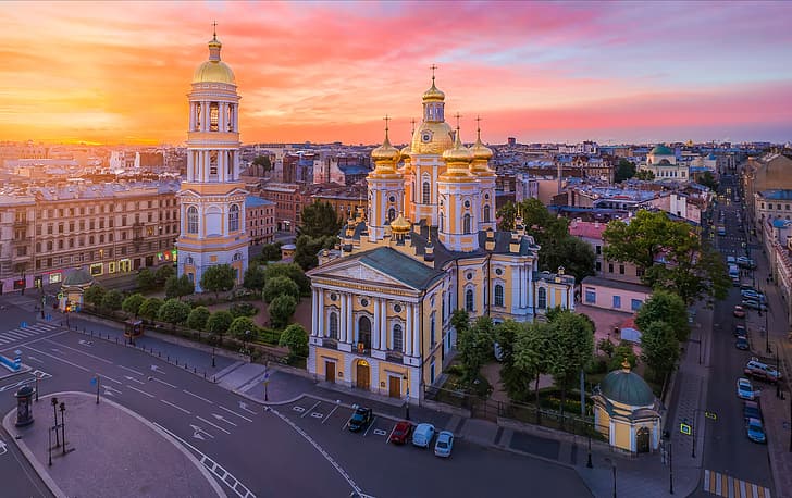 the city, dawn, building, road, tower, home, morning, Peter, Saint Petersburg, dome, the bell tower, St. Vladimir's Cathedral, HD wallpaper