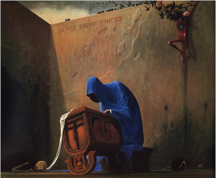 osoba w niebieskiej pelerynie stojąca przed kołyską, tapeta cyfrowa, Zdzisław Beksiński, rysunek, Tapety HD