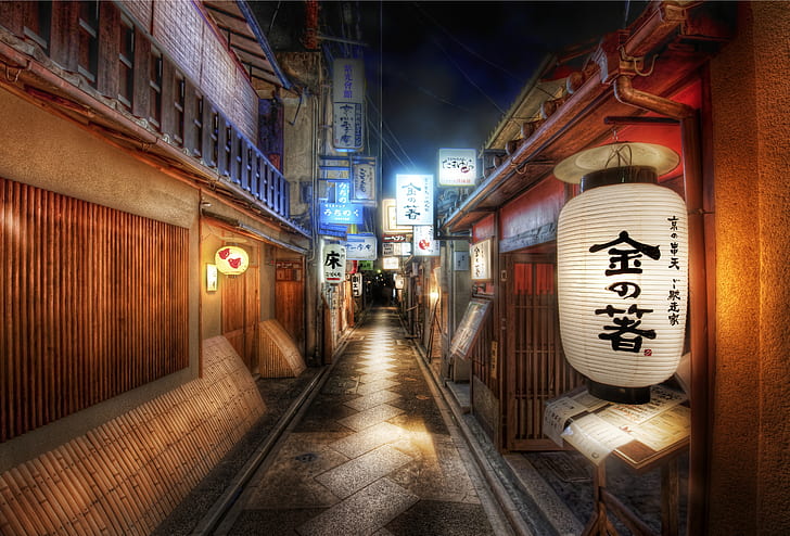 Villes, Kyoto, Ruelle, Japon, Lanterne, Nuit, Rue, Fond d'écran HD