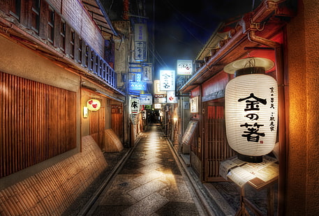 Города, Киото, Аллея, Япония, Фонарь, Ночь, Улица, HD обои HD wallpaper