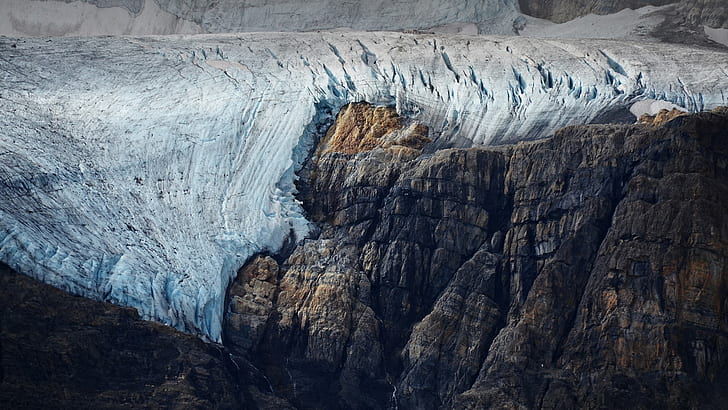 glacier, rocks, mountains, river, ice, cliff, Alberta, Canada, Athabasca Glacier, HD wallpaper