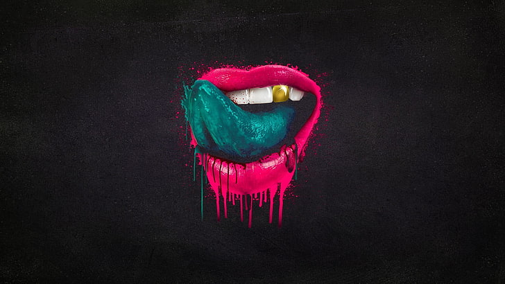 pink and green mount painting, pink human lips and green tongue painting, artwork, minimalism, lips, tongues, teeth, paint splatter, dark background, Falling In Reverse, simple background, pink, black background, gray, HD wallpaper