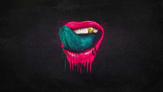 pink and green mount painting, pink human lips and green tongue painting, artwork, minimalism, lips, tongues, teeth, paint splatter, dark background, Falling In Reverse, simple background, pink, black background, gray, HD wallpaper HD wallpaper