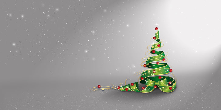 green and red Christmas illustration, stars, balls, snow, decoration, holiday, Christmas, Tree, New Year, HD wallpaper